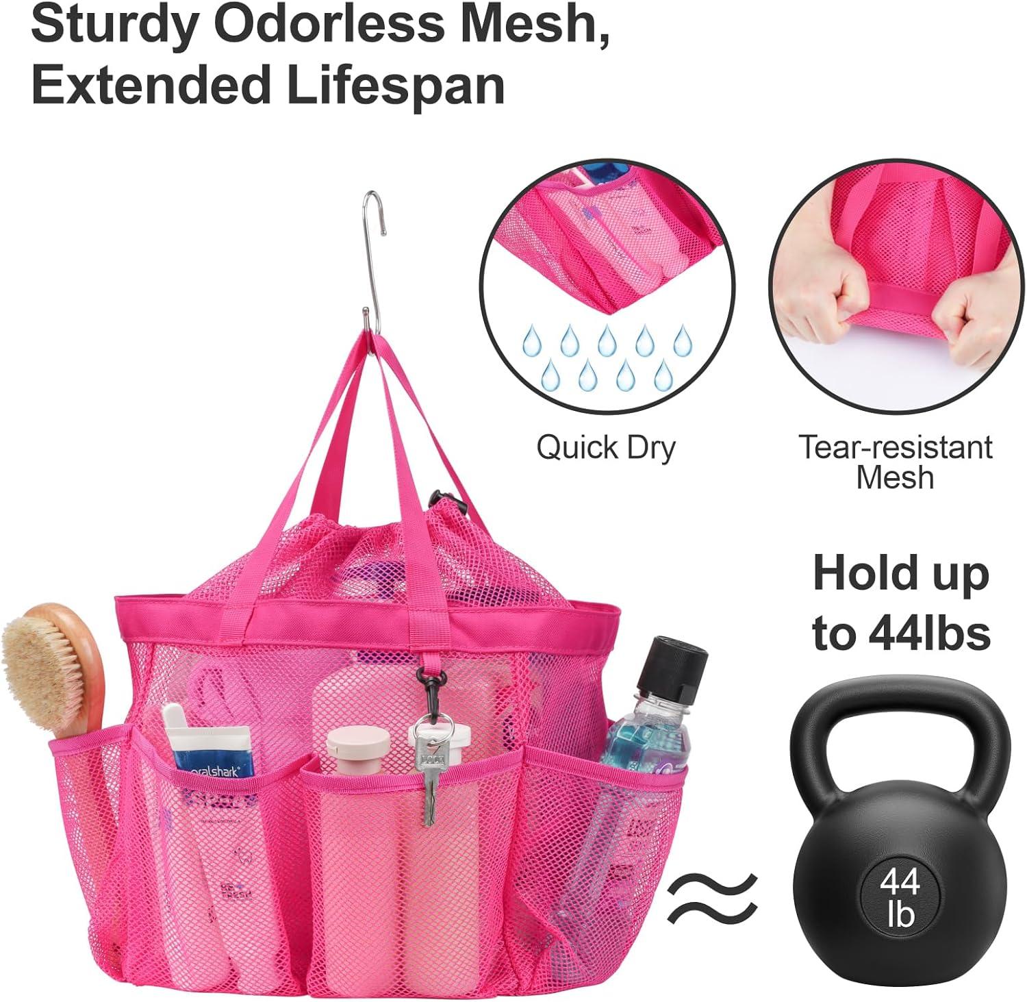 imageFcolor Mesh Shower Caddy Portable with Drawstring  Upgrade Deeper 7 Pockets Dorm Room Essentials for Guys Girls with S Hook Shower Bag Basket Tote for College Camping Bathroom Yellow BeachRose red with Drawstring