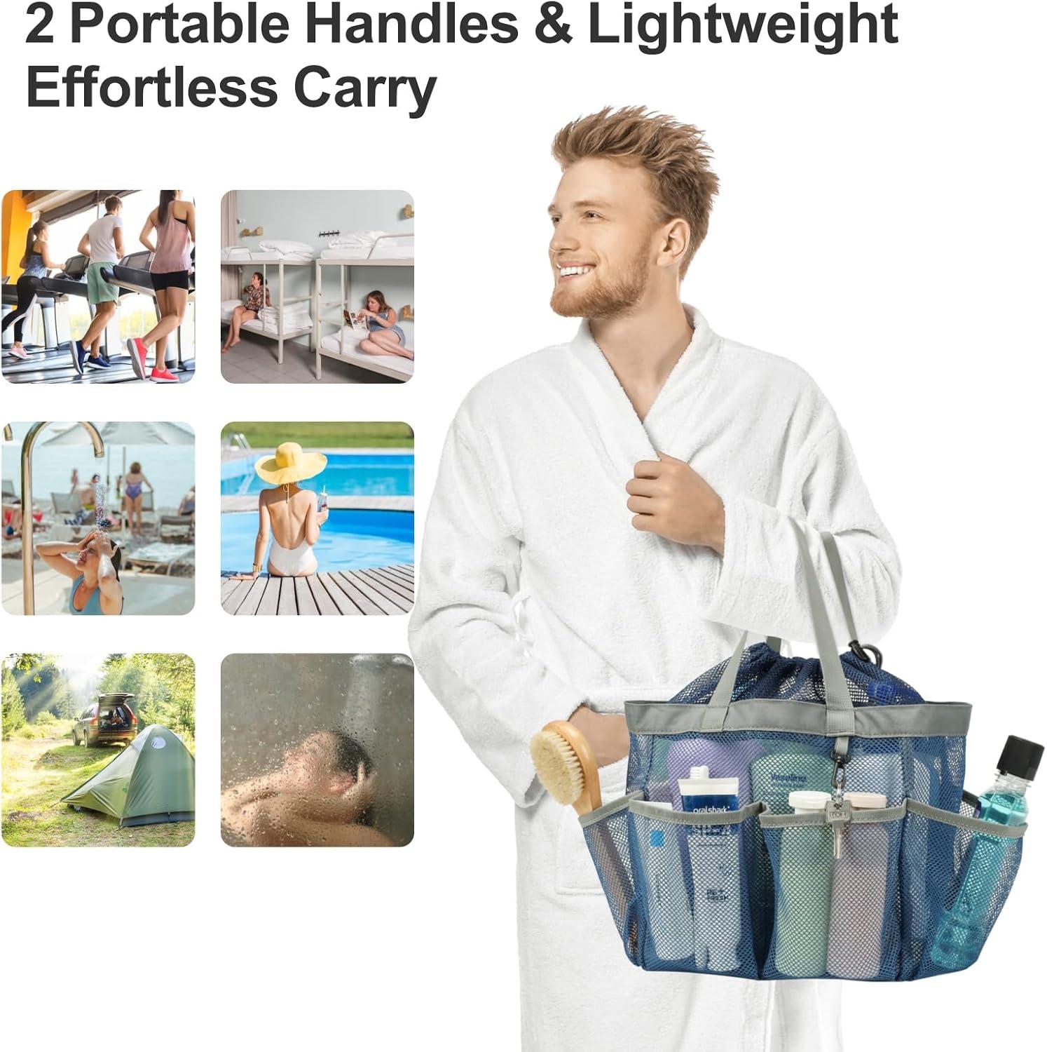 imageFcolor Mesh Shower Caddy Portable with Drawstring  Upgrade Deeper 7 Pockets Dorm Room Essentials for Guys Girls with S Hook Shower Bag Basket Tote for College Camping Bathroom Yellow BeachBlue with Drawstring