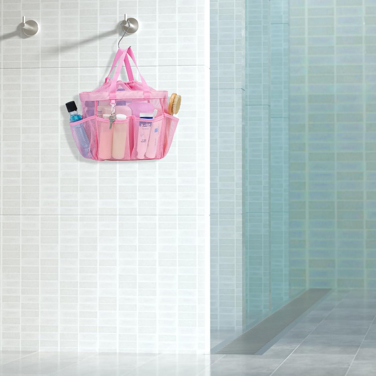 imageFcolor Mesh Shower Caddy Portable with Drawstring  Upgrade Deeper 7 Pockets Dorm Room Essentials for Guys Girls with S Hook Shower Bag Basket Tote for College Camping Bathroom Yellow BeachPink with Drawstring