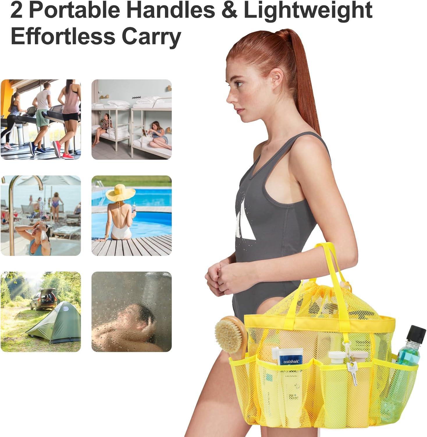 imageFcolor Mesh Shower Caddy Portable with Drawstring  Upgrade Deeper 7 Pockets Dorm Room Essentials for Guys Girls with S Hook Shower Bag Basket Tote for College Camping Bathroom Yellow BeachYellow with Drawstring