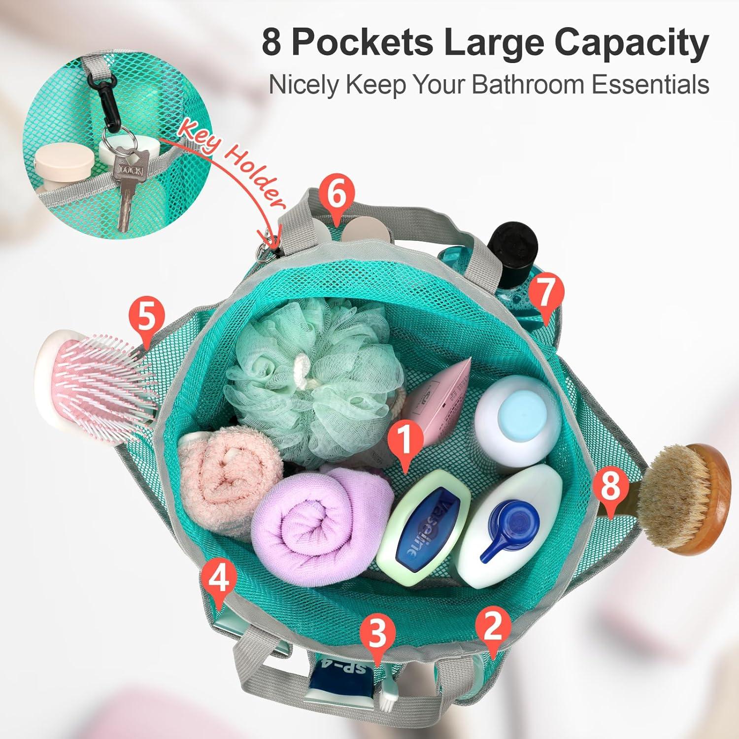 imageFcolor Mesh Shower Caddy Portable with Drawstring  Upgrade Deeper 7 Pockets Dorm Room Essentials for Guys Girls with S Hook Shower Bag Basket Tote for College Camping Bathroom Yellow BeachMint Green with Drawstring
