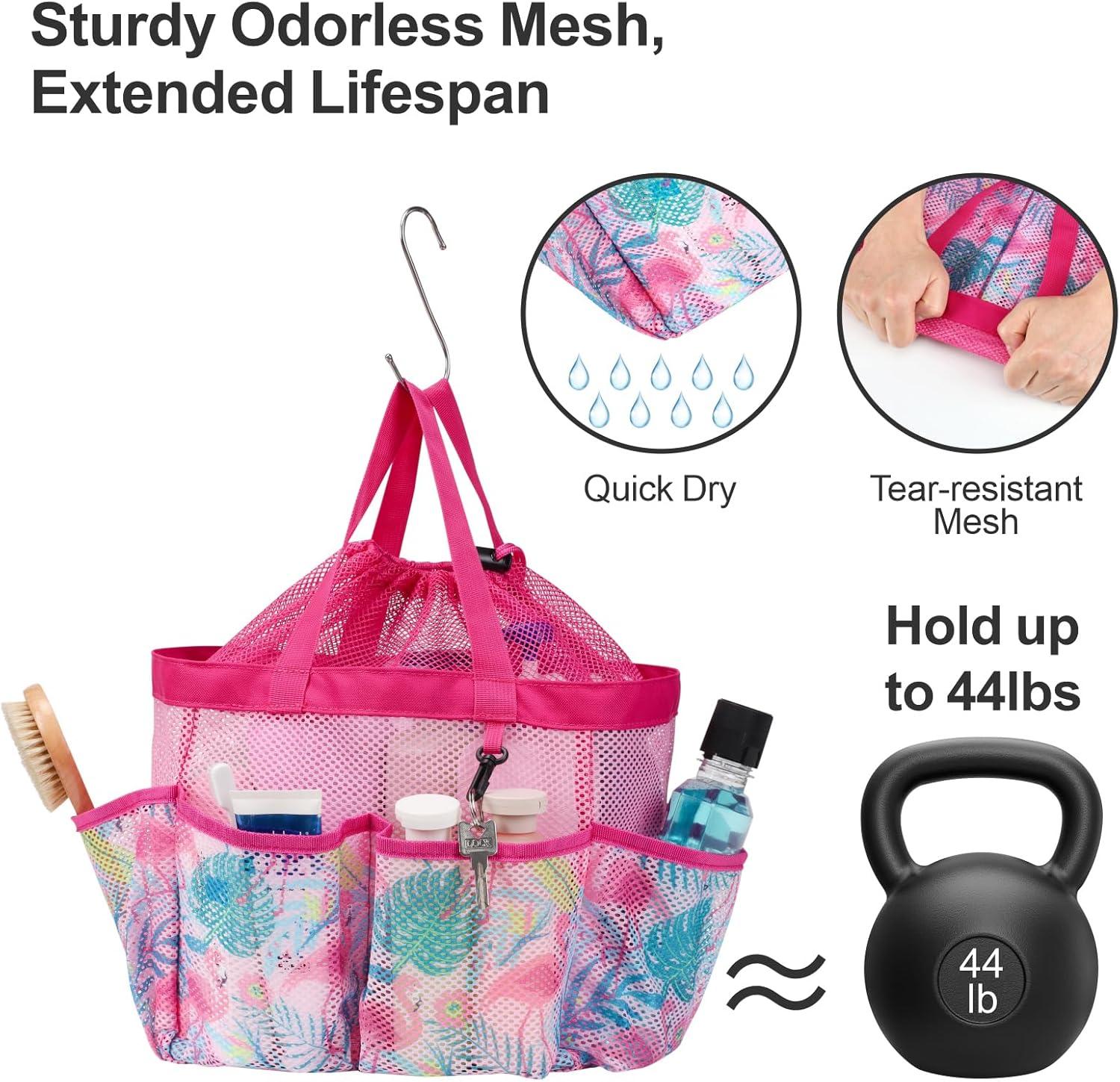 imageFcolor Mesh Shower Caddy Portable with Drawstring  Upgrade Deeper 7 Pockets Dorm Room Essentials for Guys Girls with S Hook Shower Bag Basket Tote for College Camping Bathroom Yellow BeachPink Flamingo with Drawstring