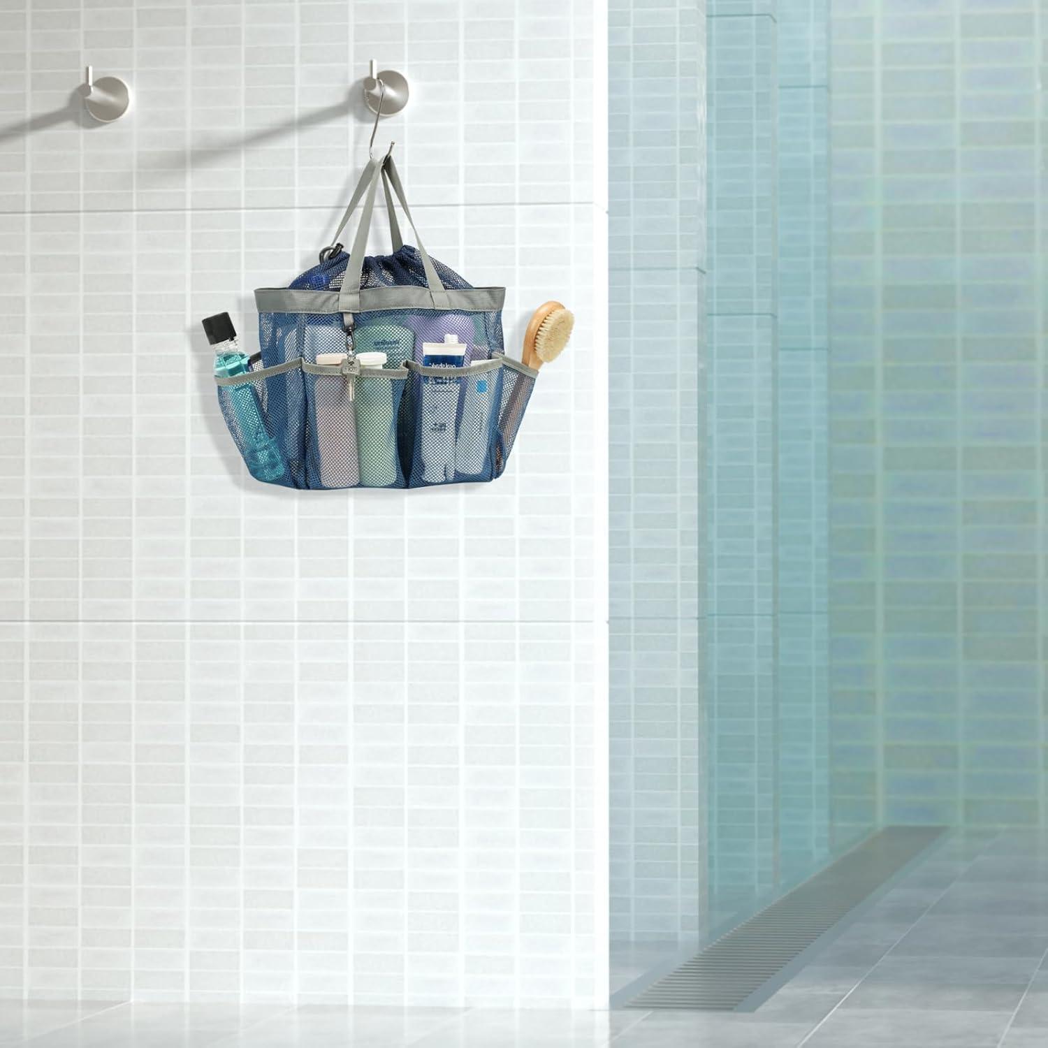 imageFcolor Mesh Shower Caddy Portable with Drawstring  Upgrade Deeper 7 Pockets Dorm Room Essentials for Guys Girls with S Hook Shower Bag Basket Tote for College Camping Bathroom Yellow BeachBlue with Drawstring