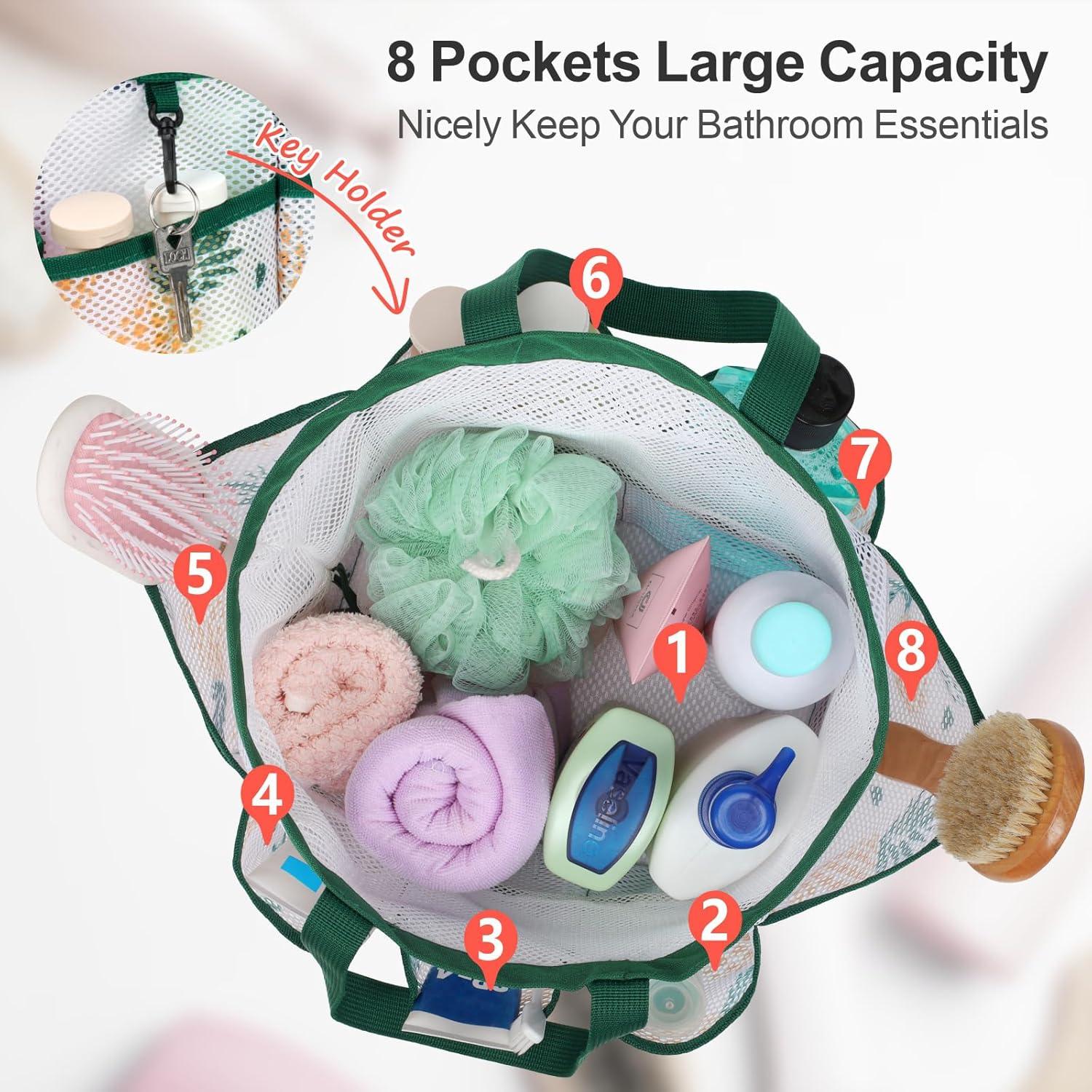 imageFcolor Mesh Shower Caddy Portable with Drawstring  Upgrade Deeper 7 Pockets Dorm Room Essentials for Guys Girls with S Hook Shower Bag Basket Tote for College Camping Bathroom Yellow BeachGreen Pineapple with Drawstring