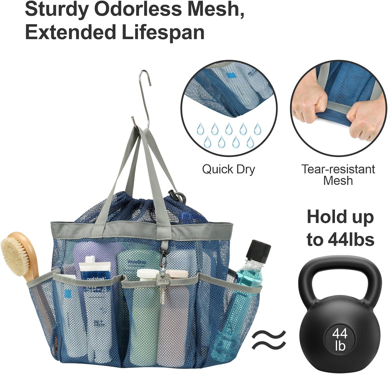 imageFcolor Mesh Shower Caddy Portable with Drawstring  Upgrade Deeper 7 Pockets Dorm Room Essentials for Guys Girls with S Hook Shower Bag Basket Tote for College Camping Bathroom Yellow BeachBlue with Drawstring