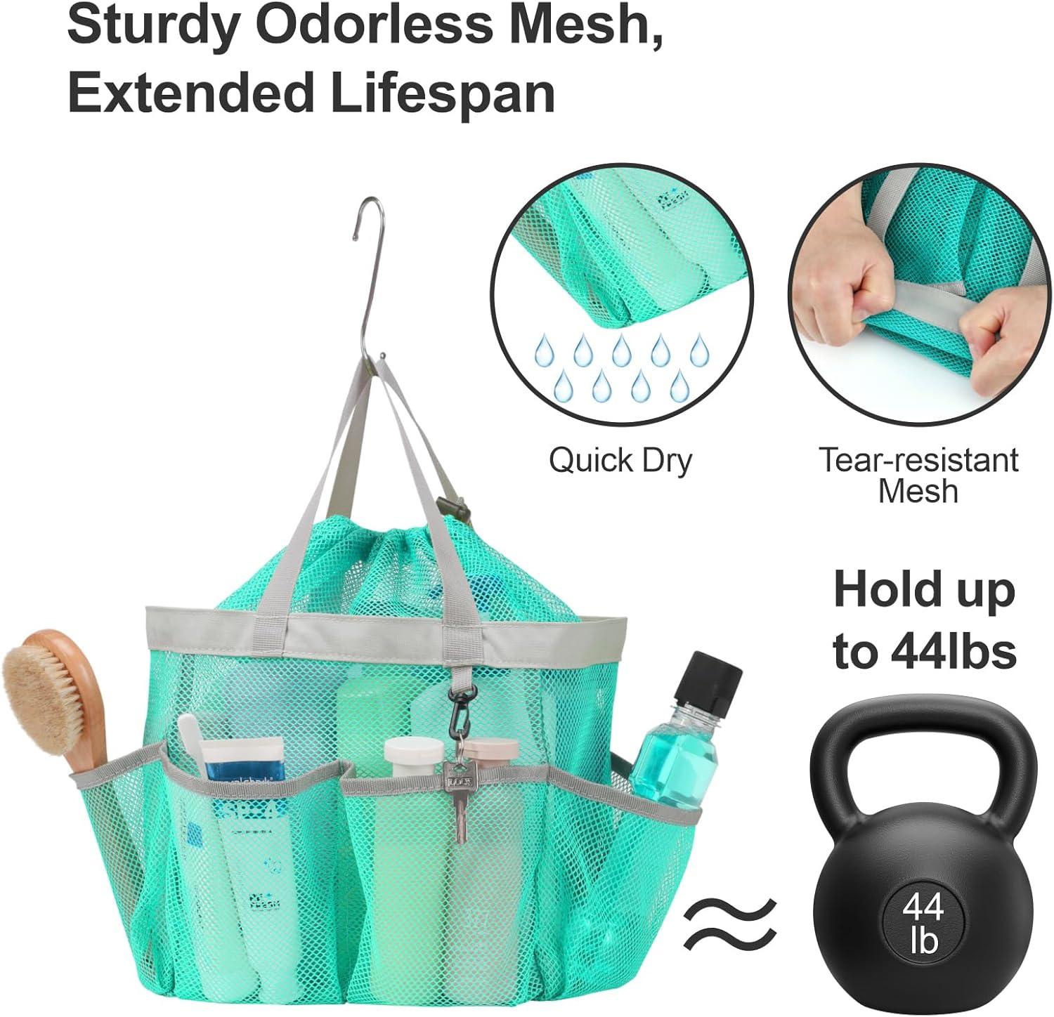 imageFcolor Mesh Shower Caddy Portable with Drawstring  Upgrade Deeper 7 Pockets Dorm Room Essentials for Guys Girls with S Hook Shower Bag Basket Tote for College Camping Bathroom Yellow Beach2 Pack Mint Green with Drawstring