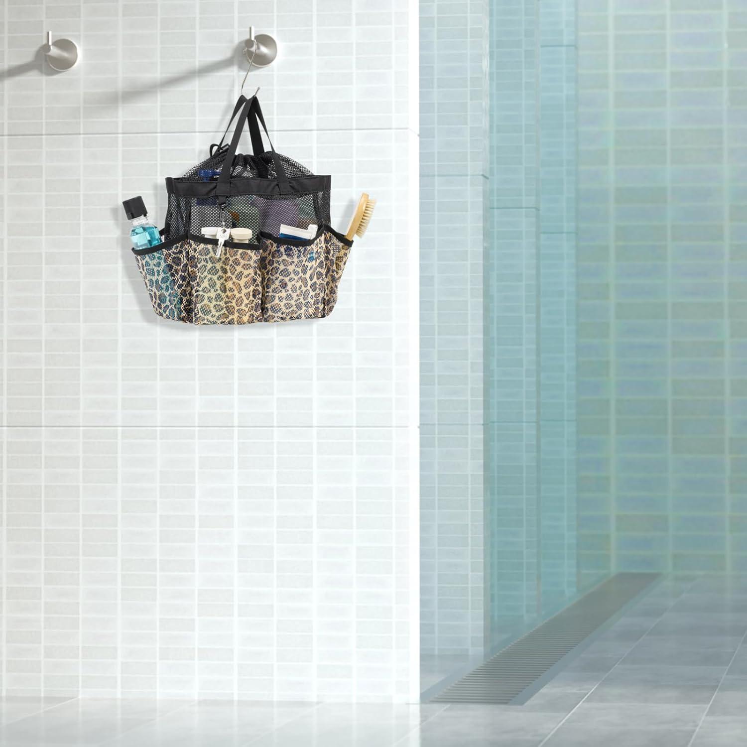 imageFcolor Mesh Shower Caddy Portable with Drawstring  Upgrade Deeper 7 Pockets Dorm Room Essentials for Guys Girls with S Hook Shower Bag Basket Tote for College Camping Bathroom Yellow BeachLeopard with Drawstring