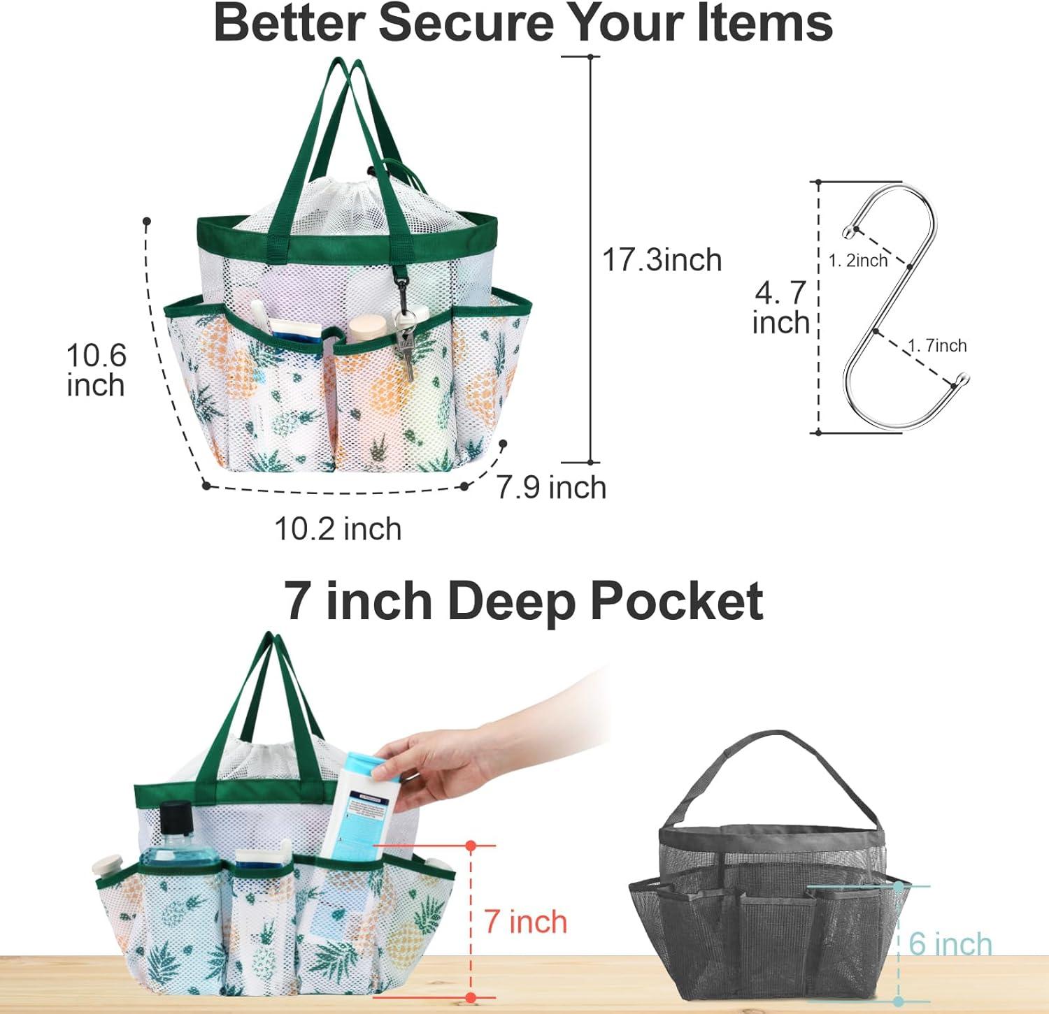 imageFcolor Mesh Shower Caddy Portable with Drawstring  Upgrade Deeper 7 Pockets Dorm Room Essentials for Guys Girls with S Hook Shower Bag Basket Tote for College Camping Bathroom Yellow BeachGreen Pineapple with Drawstring