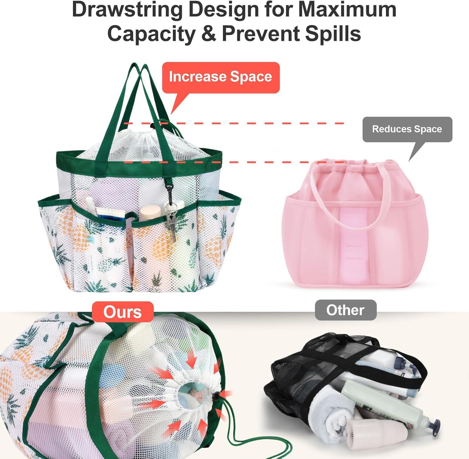 imageFcolor Mesh Shower Caddy Portable with Drawstring  Upgrade Deeper 7 Pockets Dorm Room Essentials for Guys Girls with S Hook Shower Bag Basket Tote for College Camping Bathroom Yellow BeachGreen Pineapple with Drawstring