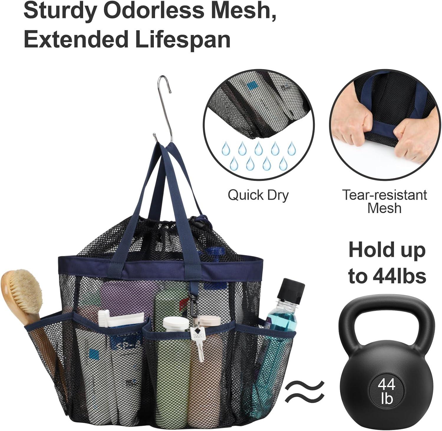 imageFcolor Mesh Shower Caddy Portable with Drawstring  Upgrade Deeper 7 Pockets Dorm Room Essentials for Guys Girls with S Hook Shower Bag Basket Tote for College Camping Bathroom Yellow BeachBlack with Dark Blue with Drawstring