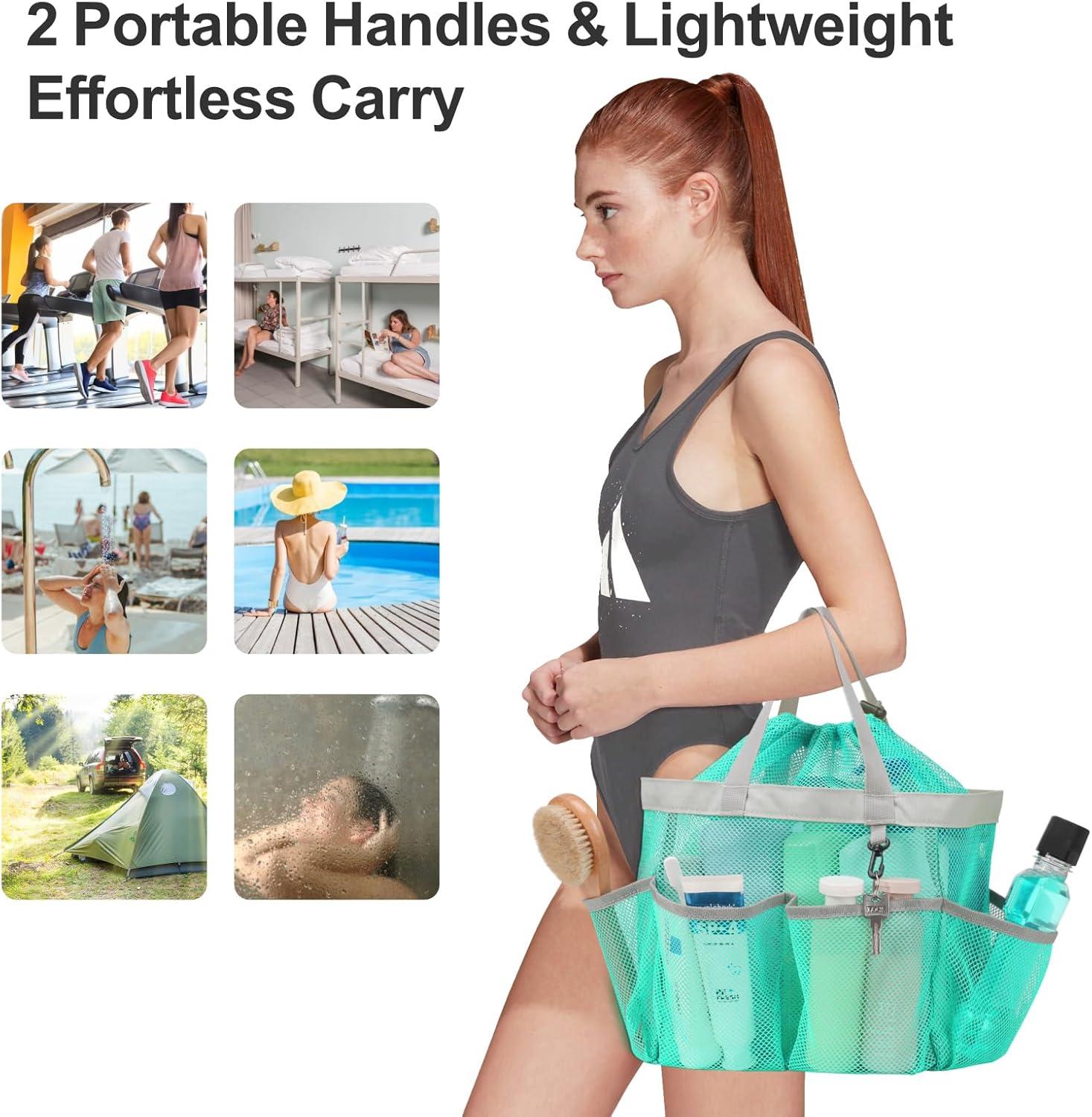 imageFcolor Mesh Shower Caddy Portable with Drawstring  Upgrade Deeper 7 Pockets Dorm Room Essentials for Guys Girls with S Hook Shower Bag Basket Tote for College Camping Bathroom Yellow Beach2 Pack Mint Green with Drawstring
