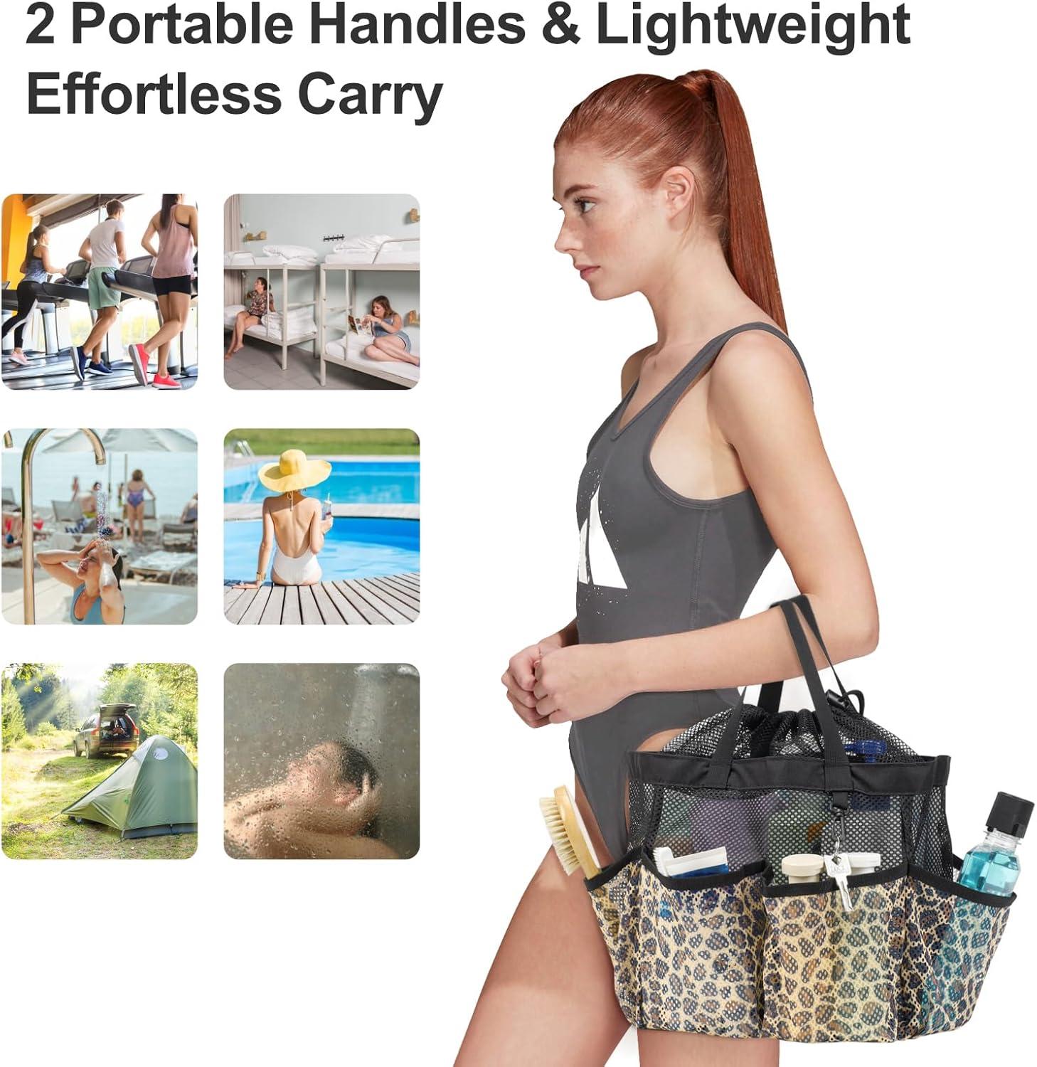 imageFcolor Mesh Shower Caddy Portable with Drawstring  Upgrade Deeper 7 Pockets Dorm Room Essentials for Guys Girls with S Hook Shower Bag Basket Tote for College Camping Bathroom Yellow BeachLeopard with Drawstring