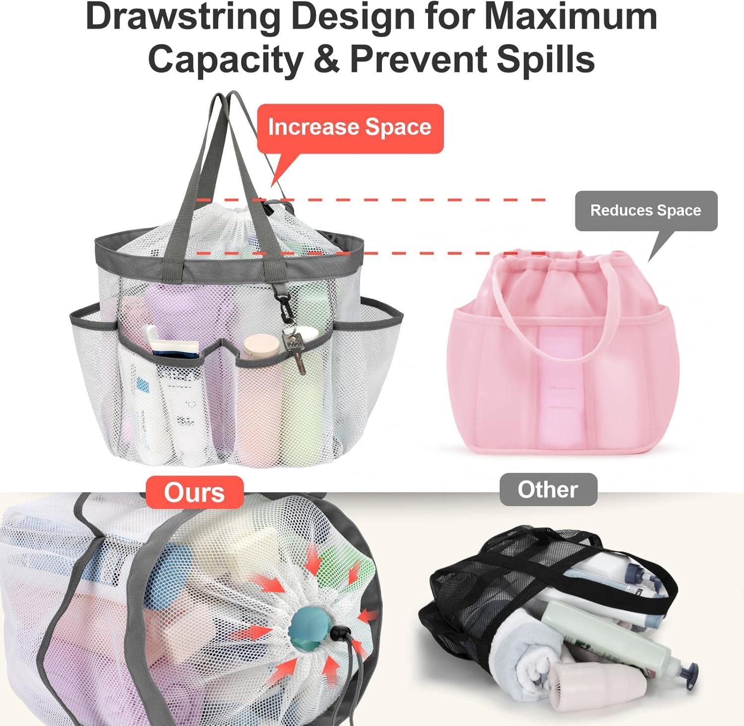 imageFcolor Mesh Shower Caddy Portable with Drawstring  Upgrade Deeper 7 Pockets Dorm Room Essentials for Guys Girls with S Hook Shower Bag Basket Tote for College Camping Bathroom Yellow BeachWhite with Drawstring