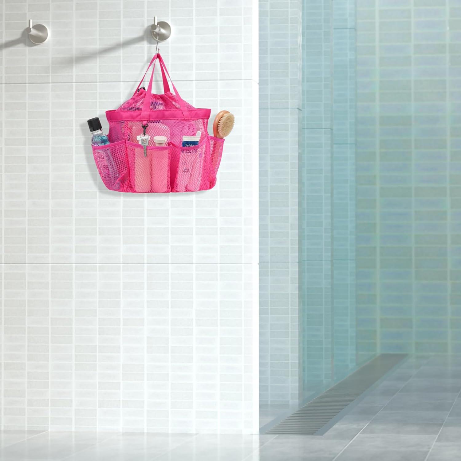 imageFcolor Mesh Shower Caddy Portable with Drawstring  Upgrade Deeper 7 Pockets Dorm Room Essentials for Guys Girls with S Hook Shower Bag Basket Tote for College Camping Bathroom Yellow BeachRose red with Drawstring