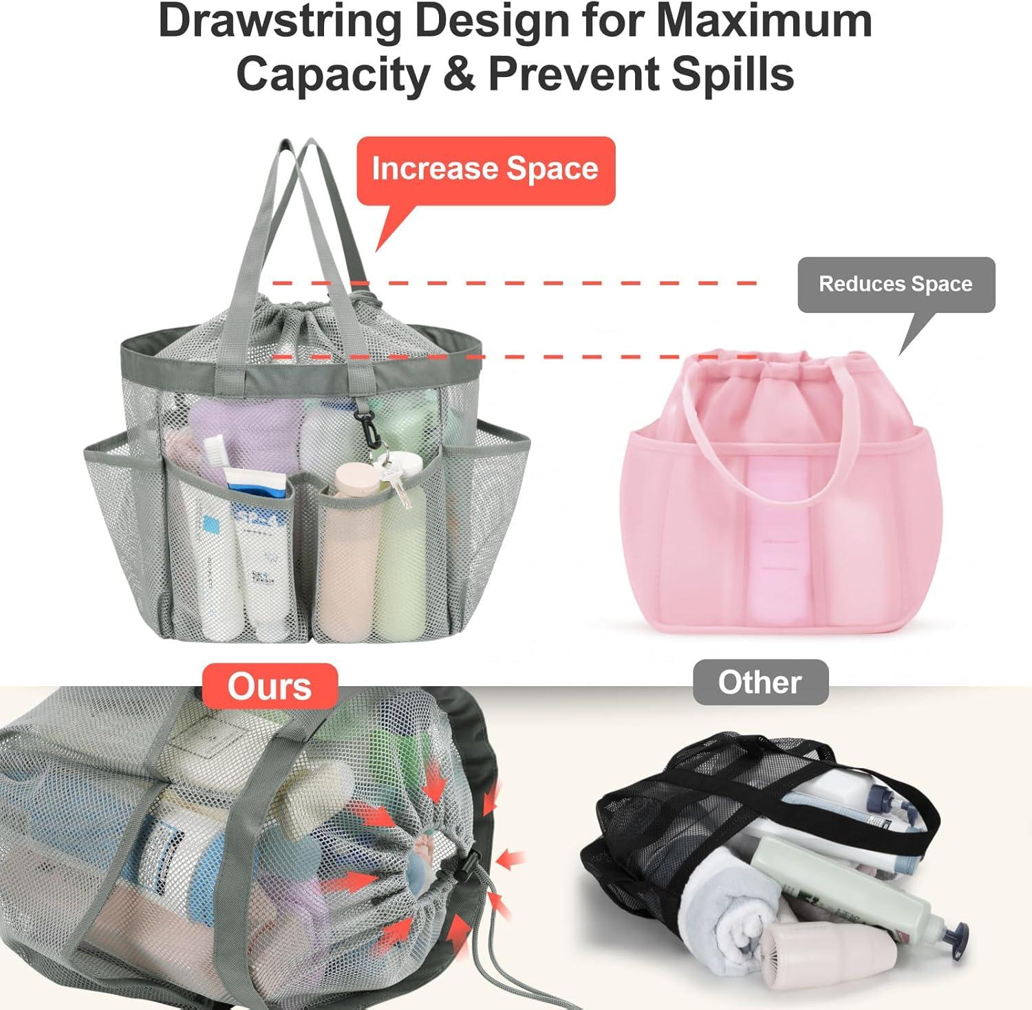 imageFcolor Mesh Shower Caddy Portable with Drawstring  Upgrade Deeper 7 Pockets Dorm Room Essentials for Guys Girls with S Hook Shower Bag Basket Tote for College Camping Bathroom Yellow BeachGrey with Drawstring