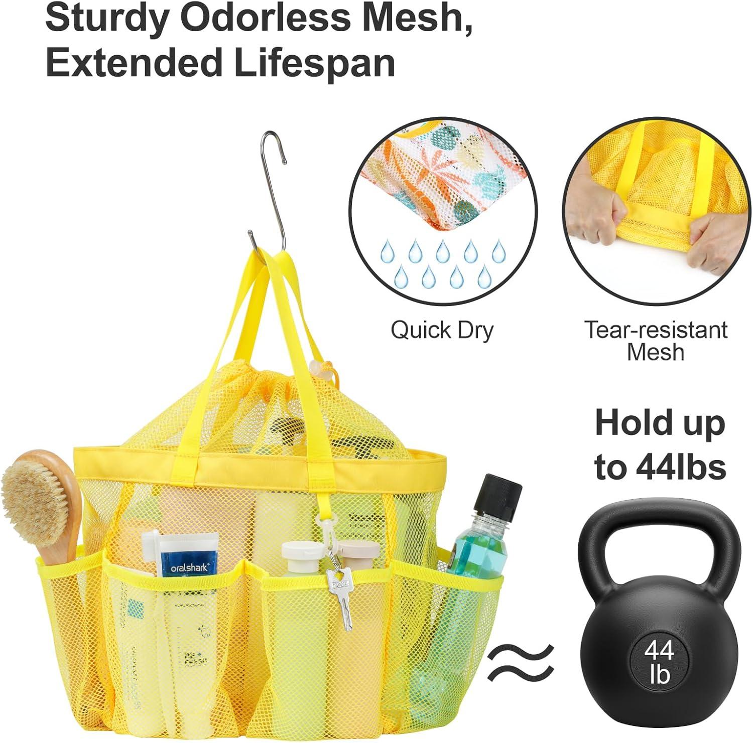 imageFcolor Mesh Shower Caddy Portable with Drawstring  Upgrade Deeper 7 Pockets Dorm Room Essentials for Guys Girls with S Hook Shower Bag Basket Tote for College Camping Bathroom Yellow BeachYellow with Drawstring