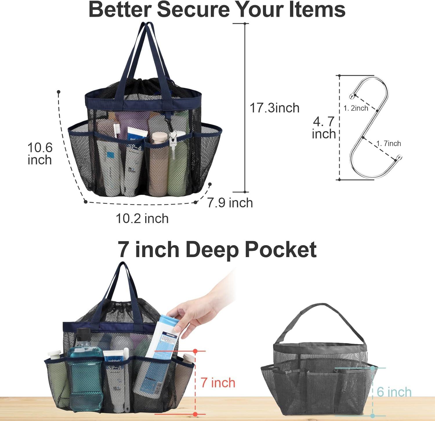 imageFcolor Mesh Shower Caddy Portable with Drawstring  Upgrade Deeper 7 Pockets Dorm Room Essentials for Guys Girls with S Hook Shower Bag Basket Tote for College Camping Bathroom Yellow BeachBlack with Dark Blue with Drawstring