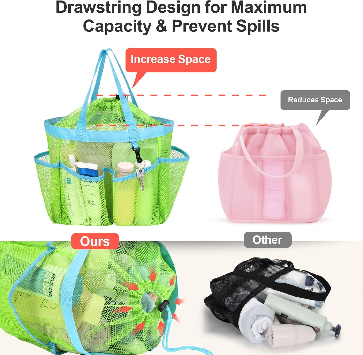 imageFcolor Mesh Shower Caddy Portable with Drawstring  Upgrade Deeper 7 Pockets Dorm Room Essentials for Guys Girls with S Hook Shower Bag Basket Tote for College Camping Bathroom Yellow BeachGreen with Drawstring