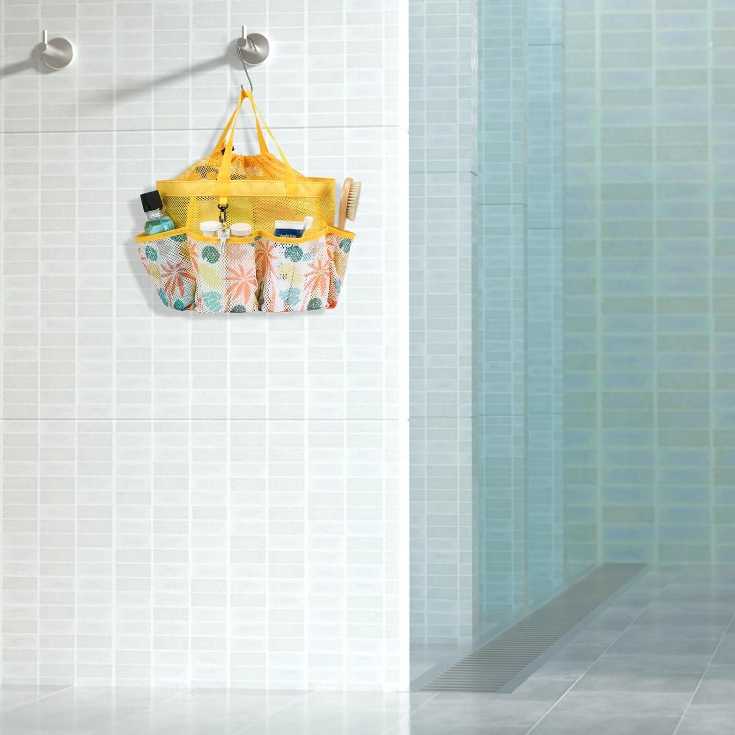imageFcolor Mesh Shower Caddy Portable with Drawstring  Upgrade Deeper 7 Pockets Dorm Room Essentials for Guys Girls with S Hook Shower Bag Basket Tote for College Camping Bathroom Yellow BeachYellow Beach with Drawstring