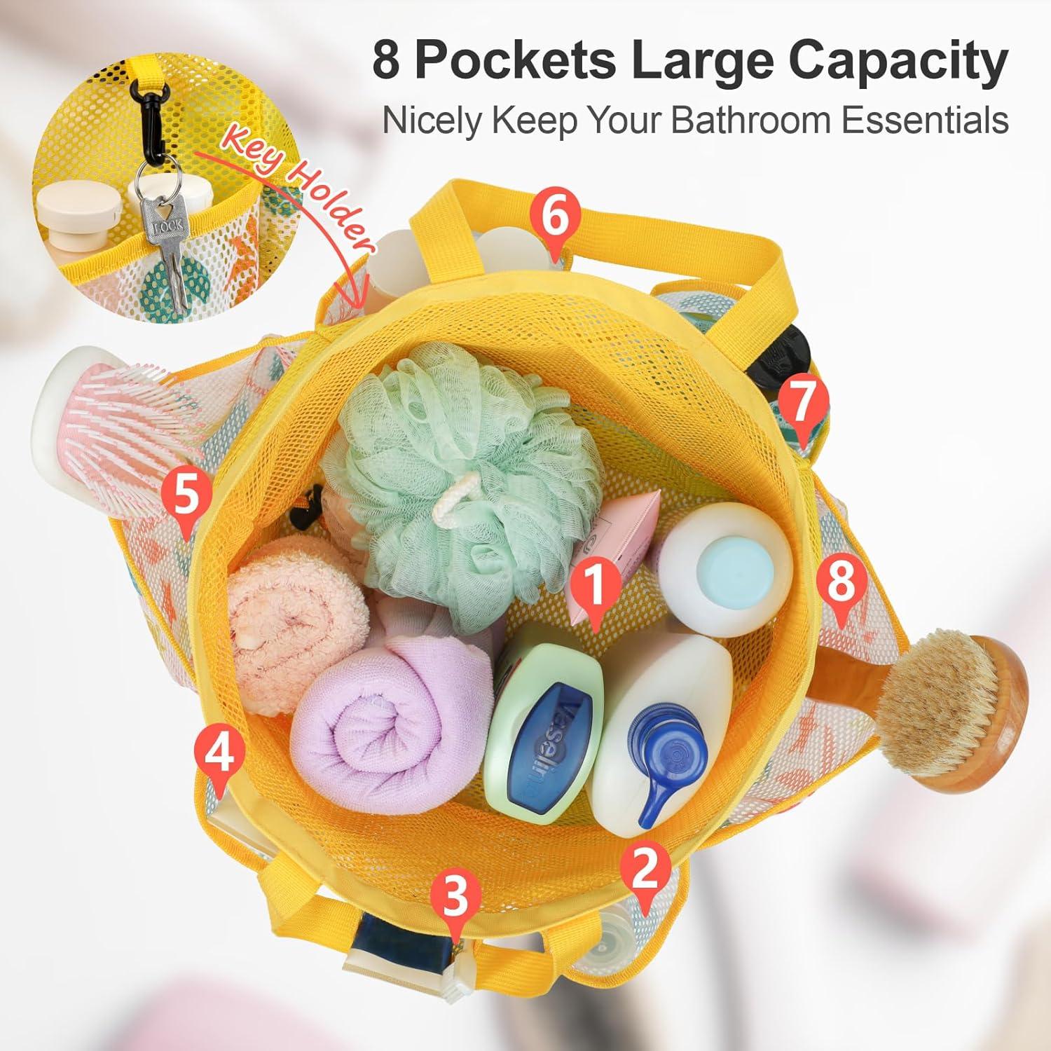 imageFcolor Mesh Shower Caddy Portable with Drawstring  Upgrade Deeper 7 Pockets Dorm Room Essentials for Guys Girls with S Hook Shower Bag Basket Tote for College Camping Bathroom Yellow BeachYellow Beach with Drawstring