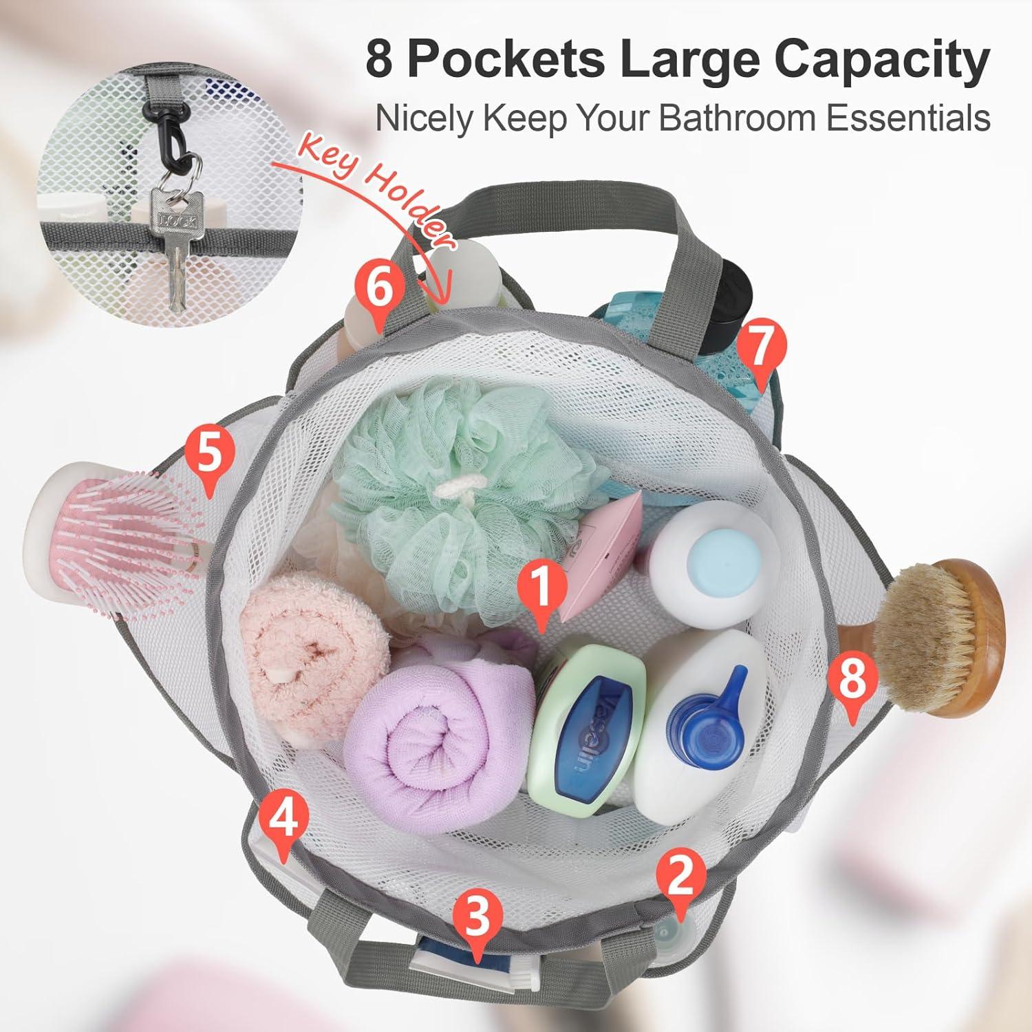 imageFcolor Mesh Shower Caddy Portable with Drawstring  Upgrade Deeper 7 Pockets Dorm Room Essentials for Guys Girls with S Hook Shower Bag Basket Tote for College Camping Bathroom Yellow BeachWhite with Drawstring