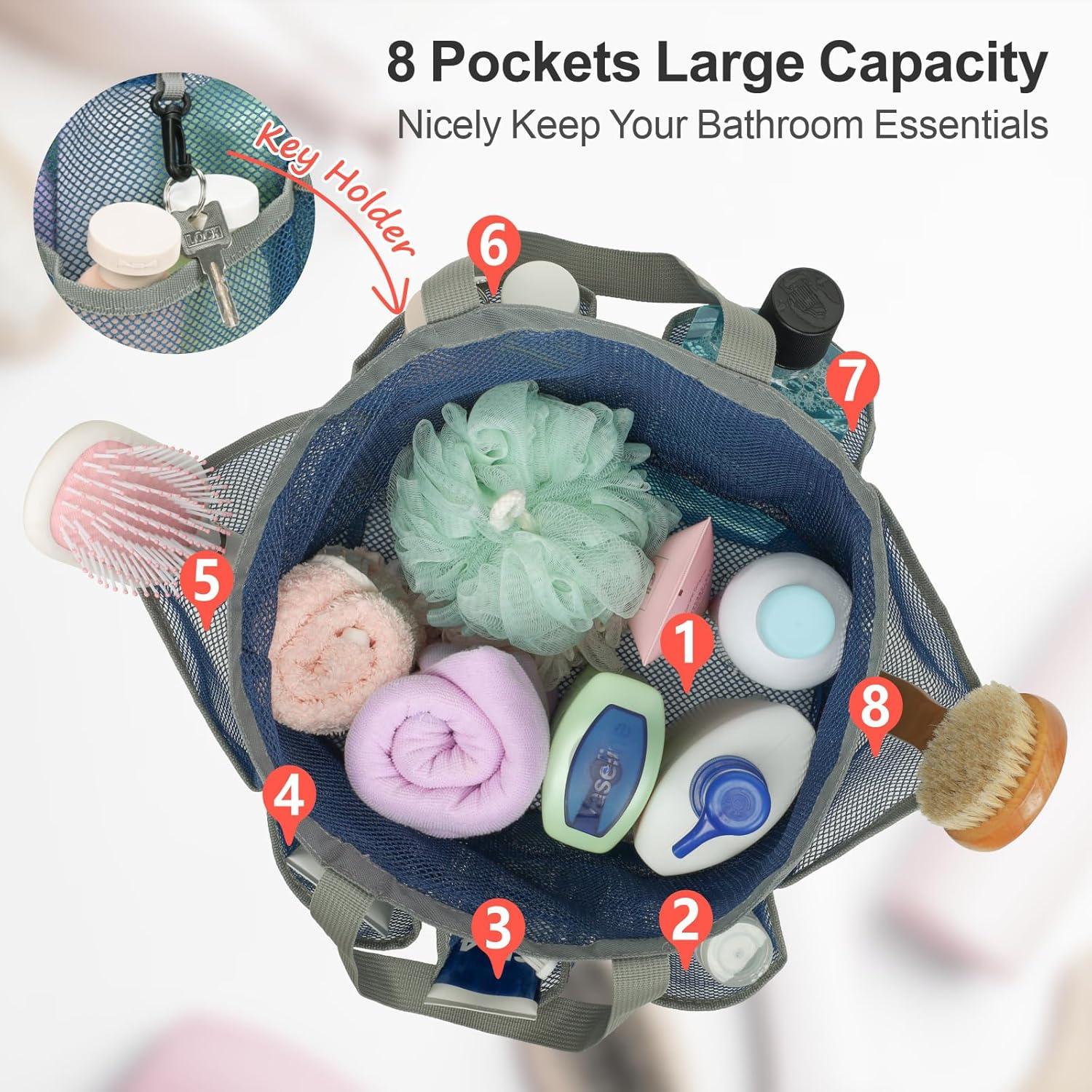 imageFcolor Mesh Shower Caddy Portable with Drawstring  Upgrade Deeper 7 Pockets Dorm Room Essentials for Guys Girls with S Hook Shower Bag Basket Tote for College Camping Bathroom Yellow BeachBlue with Drawstring