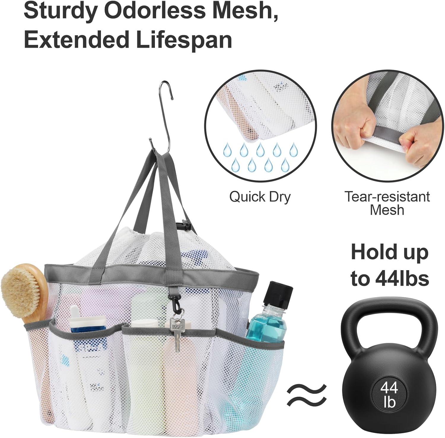 imageFcolor Mesh Shower Caddy Portable with Drawstring  Upgrade Deeper 7 Pockets Dorm Room Essentials for Guys Girls with S Hook Shower Bag Basket Tote for College Camping Bathroom Yellow BeachWhite with Drawstring