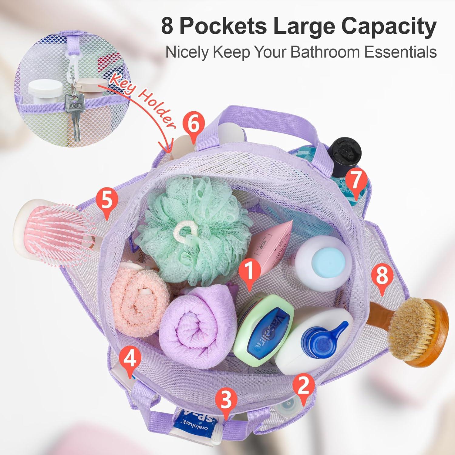 imageFcolor Mesh Shower Caddy Portable with Drawstring  Upgrade Deeper 7 Pockets Dorm Room Essentials for Guys Girls with S Hook Shower Bag Basket Tote for College Camping Bathroom Yellow BeachPurple with Drawstring