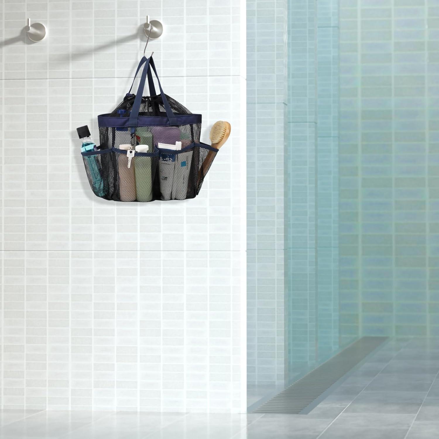 imageFcolor Mesh Shower Caddy Portable with Drawstring  Upgrade Deeper 7 Pockets Dorm Room Essentials for Guys Girls with S Hook Shower Bag Basket Tote for College Camping Bathroom Yellow BeachBlack with Dark Blue with Drawstring