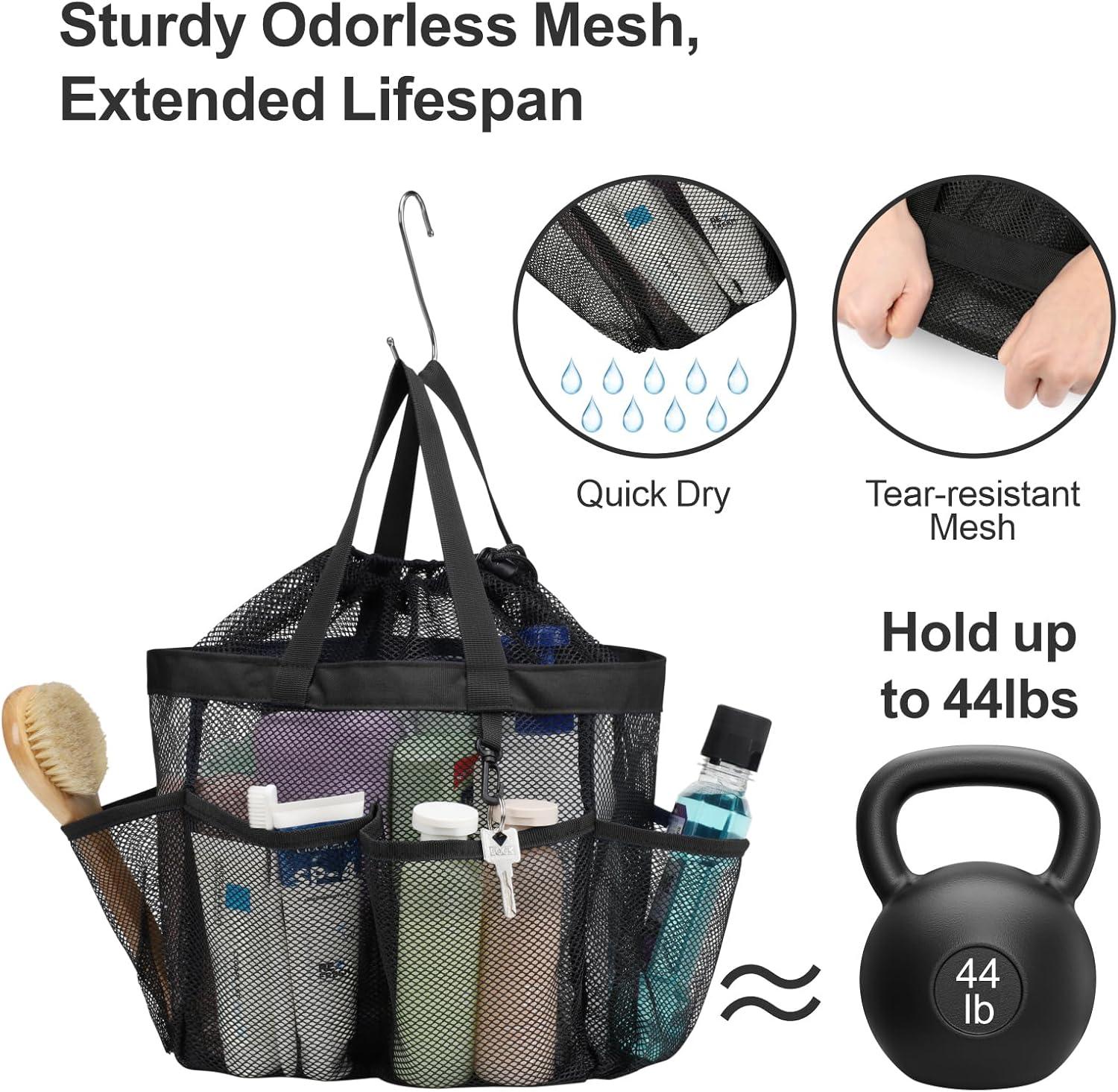 imageFcolor Mesh Shower Caddy Portable with Drawstring  Upgrade Deeper 7 Pockets Dorm Room Essentials for Guys Girls with S Hook Shower Bag Basket Tote for College Camping Bathroom Yellow BeachBlack with Drawstring