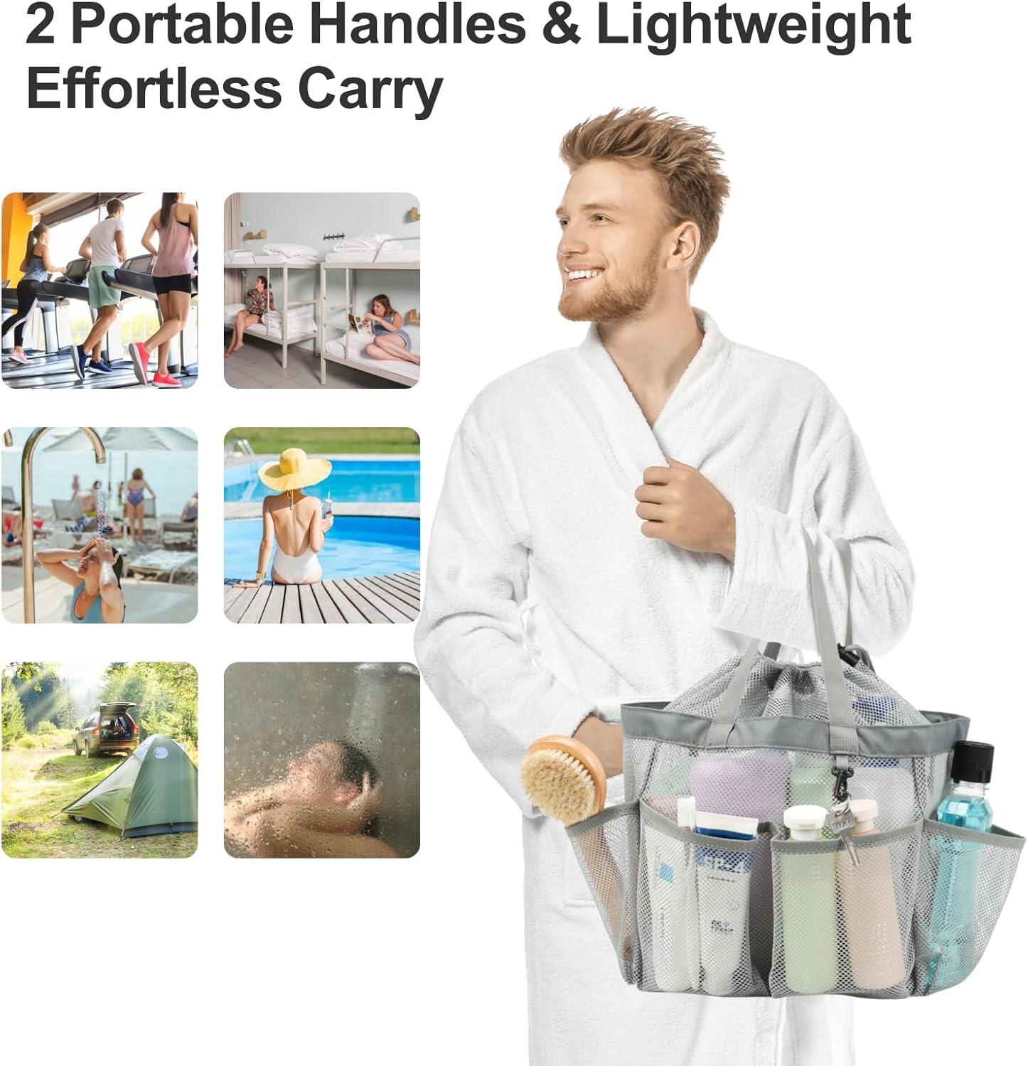 imageFcolor Mesh Shower Caddy Portable with Drawstring  Upgrade Deeper 7 Pockets Dorm Room Essentials for Guys Girls with S Hook Shower Bag Basket Tote for College Camping Bathroom Yellow BeachGrey with Drawstring