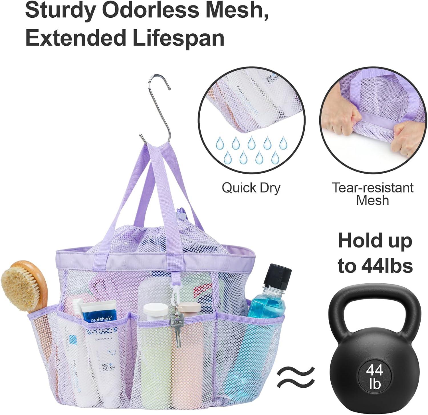 imageFcolor Mesh Shower Caddy Portable with Drawstring  Upgrade Deeper 7 Pockets Dorm Room Essentials for Guys Girls with S Hook Shower Bag Basket Tote for College Camping Bathroom Yellow BeachPurple with Drawstring