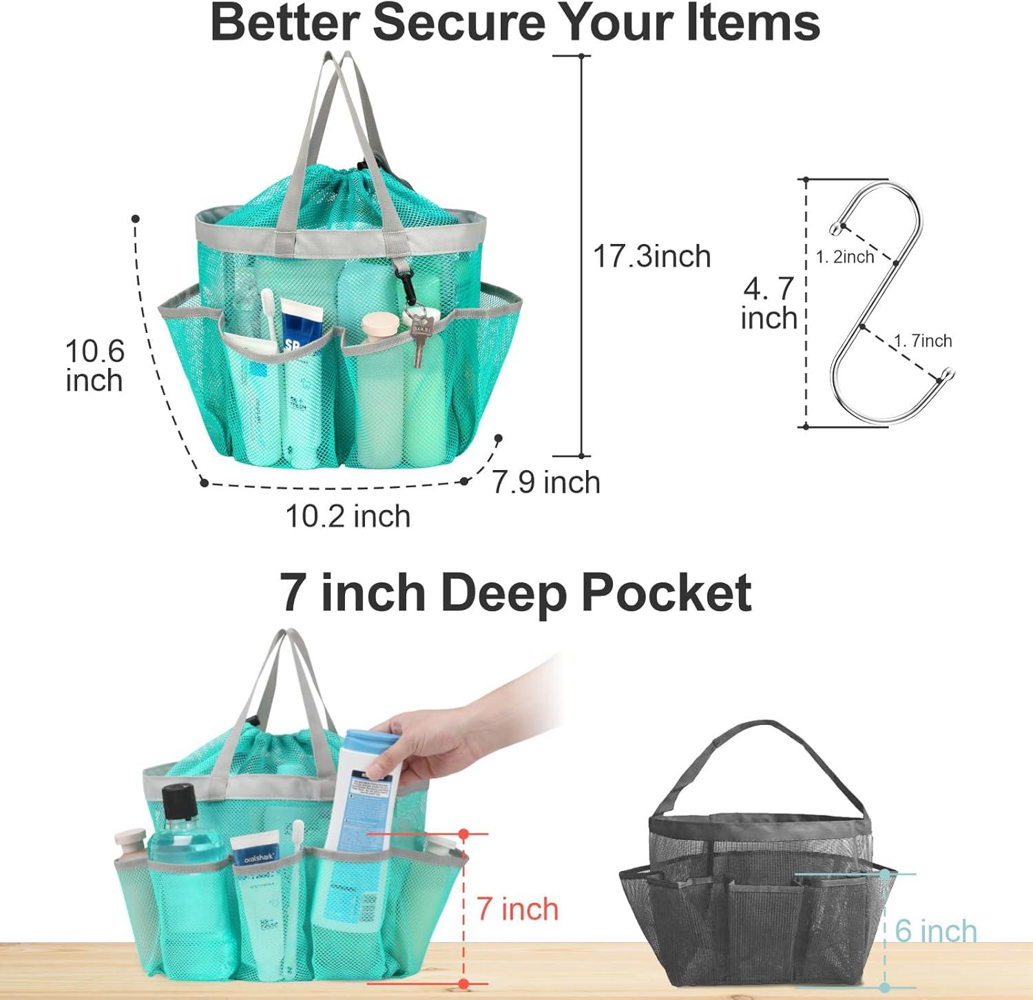 imageFcolor Mesh Shower Caddy Portable with Drawstring  Upgrade Deeper 7 Pockets Dorm Room Essentials for Guys Girls with S Hook Shower Bag Basket Tote for College Camping Bathroom Yellow Beach2 Pack Mint Green with Drawstring