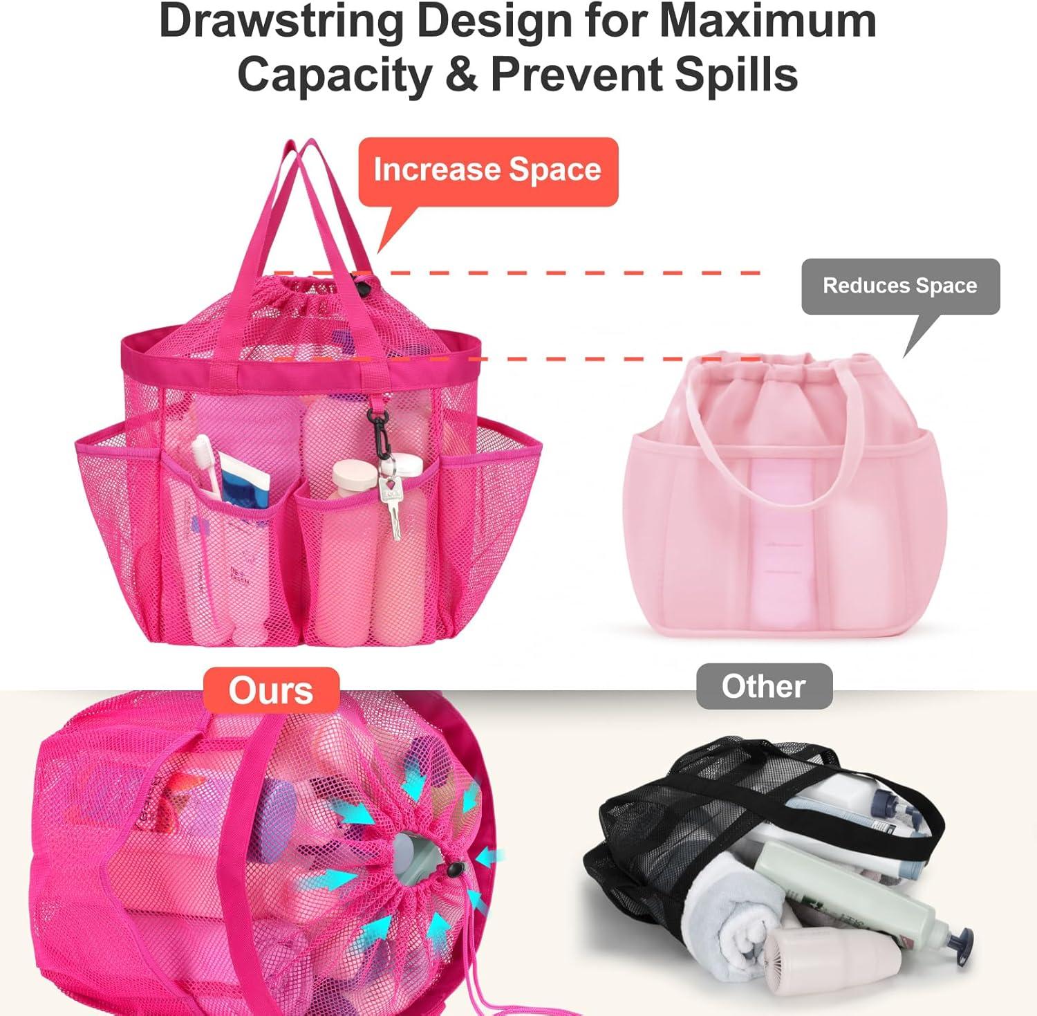 imageFcolor Mesh Shower Caddy Portable with Drawstring  Upgrade Deeper 7 Pockets Dorm Room Essentials for Guys Girls with S Hook Shower Bag Basket Tote for College Camping Bathroom Yellow BeachRose red with Drawstring