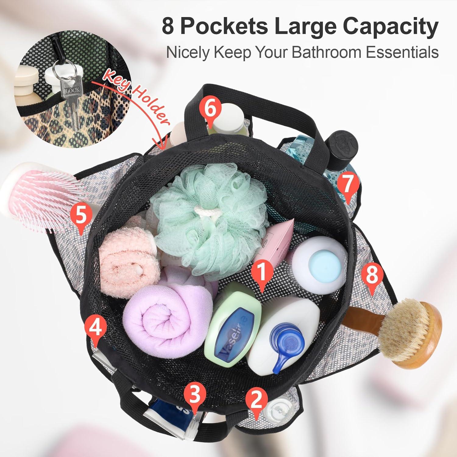 imageFcolor Mesh Shower Caddy Portable with Drawstring  Upgrade Deeper 7 Pockets Dorm Room Essentials for Guys Girls with S Hook Shower Bag Basket Tote for College Camping Bathroom Yellow BeachLeopard with Drawstring