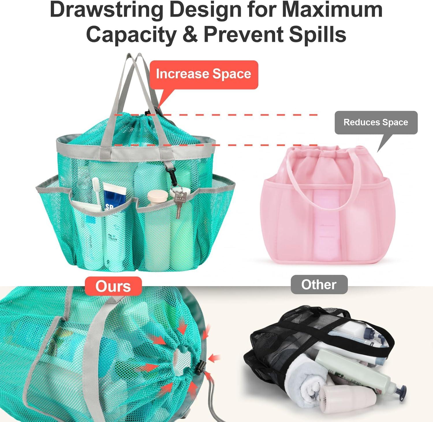 imageFcolor Mesh Shower Caddy Portable with Drawstring  Upgrade Deeper 7 Pockets Dorm Room Essentials for Guys Girls with S Hook Shower Bag Basket Tote for College Camping Bathroom Yellow BeachMint Green with Drawstring