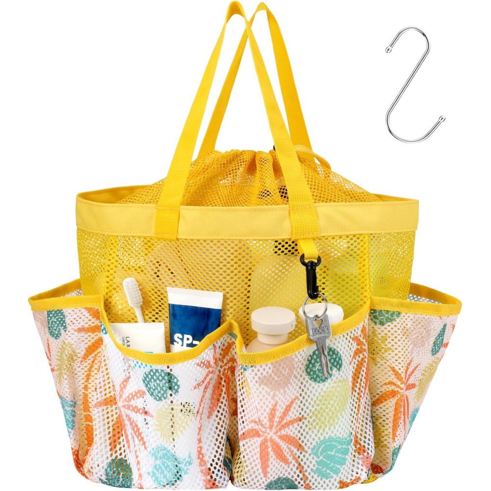 imageFcolor Mesh Shower Caddy Portable with Drawstring  Upgrade Deeper 7 Pockets Dorm Room Essentials for Guys Girls with S Hook Shower Bag Basket Tote for College Camping Bathroom Yellow BeachYellow Beach with Drawstring