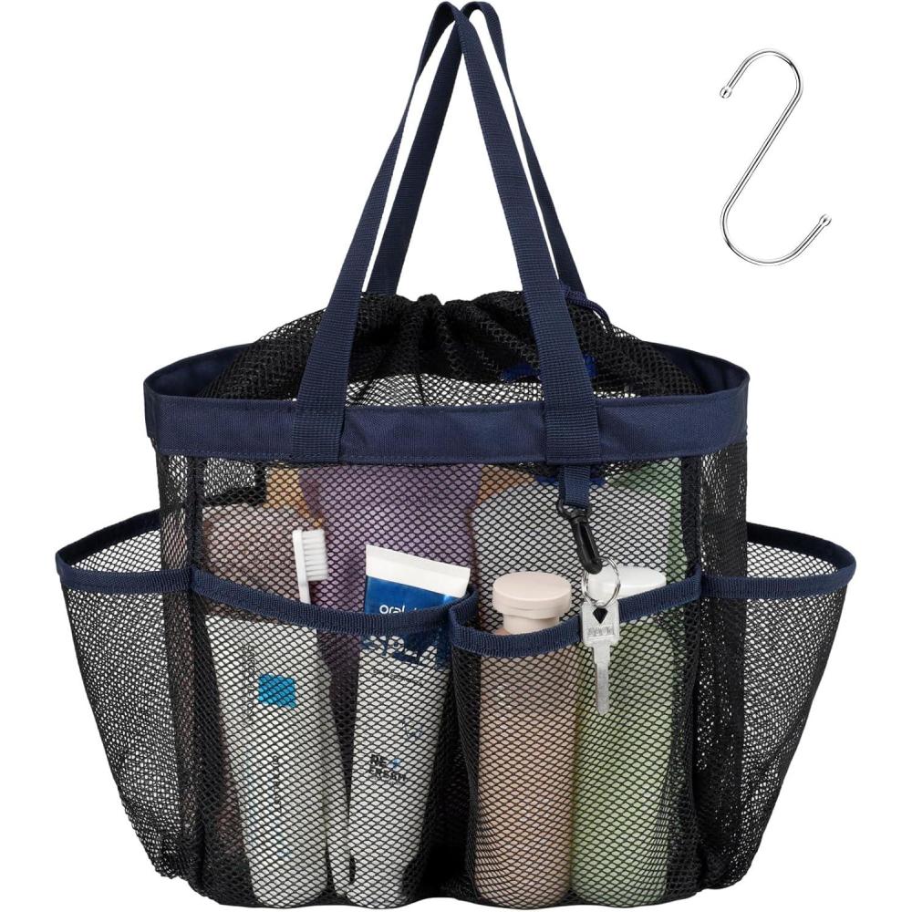 imageFcolor Mesh Shower Caddy Portable with Drawstring  Upgrade Deeper 7 Pockets Dorm Room Essentials for Guys Girls with S Hook Shower Bag Basket Tote for College Camping Bathroom Yellow BeachBlack with Dark Blue with Drawstring