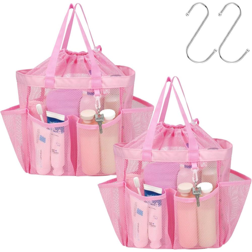 imageFcolor Mesh Shower Caddy Portable with Drawstring  Upgrade Deeper 7 Pockets Dorm Room Essentials for Guys Girls with S Hook Shower Bag Basket Tote for College Camping Bathroom Yellow Beach2 Pack Pink with Drawstring
