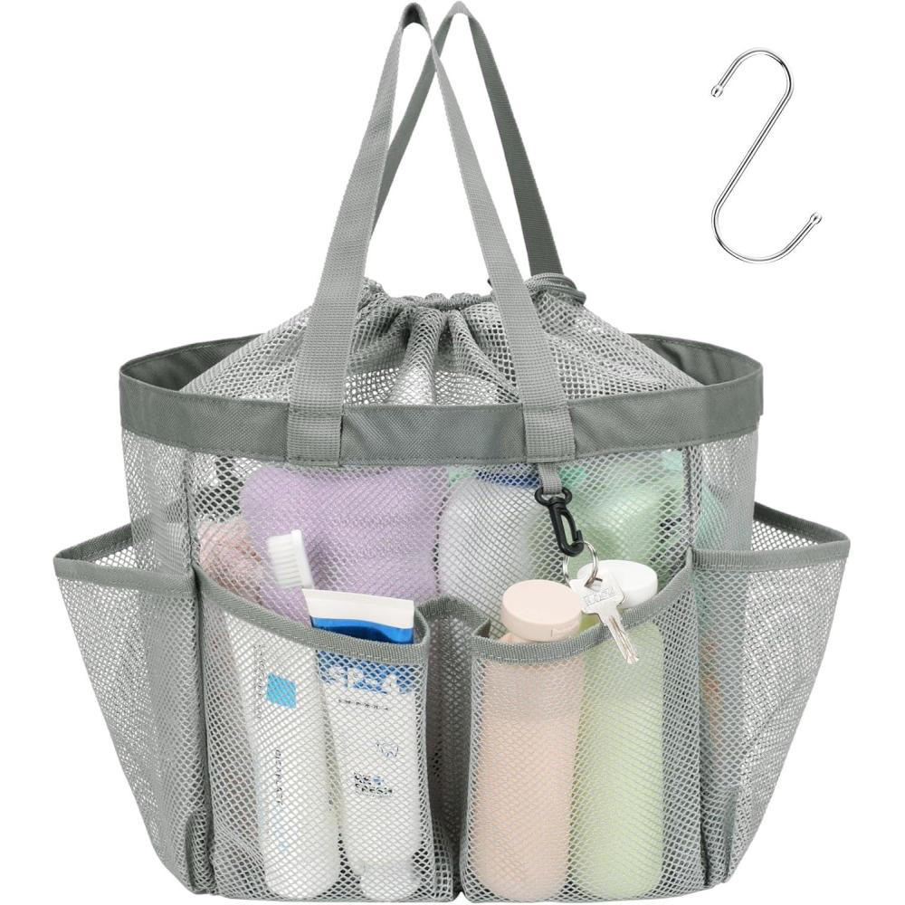 imageFcolor Mesh Shower Caddy Portable with Drawstring  Upgrade Deeper 7 Pockets Dorm Room Essentials for Guys Girls with S Hook Shower Bag Basket Tote for College Camping Bathroom Yellow BeachGrey with Drawstring