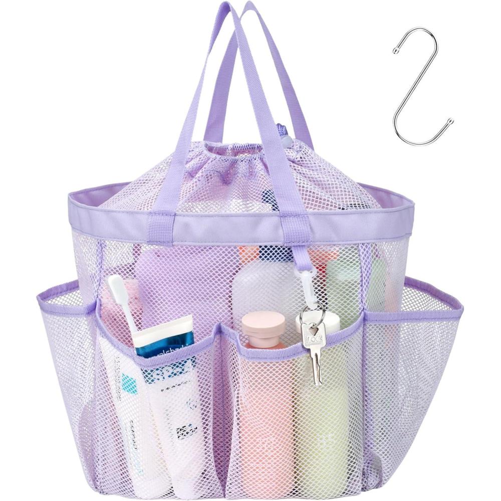 imageFcolor Mesh Shower Caddy Portable with Drawstring  Upgrade Deeper 7 Pockets Dorm Room Essentials for Guys Girls with S Hook Shower Bag Basket Tote for College Camping Bathroom Yellow BeachPurple with Drawstring