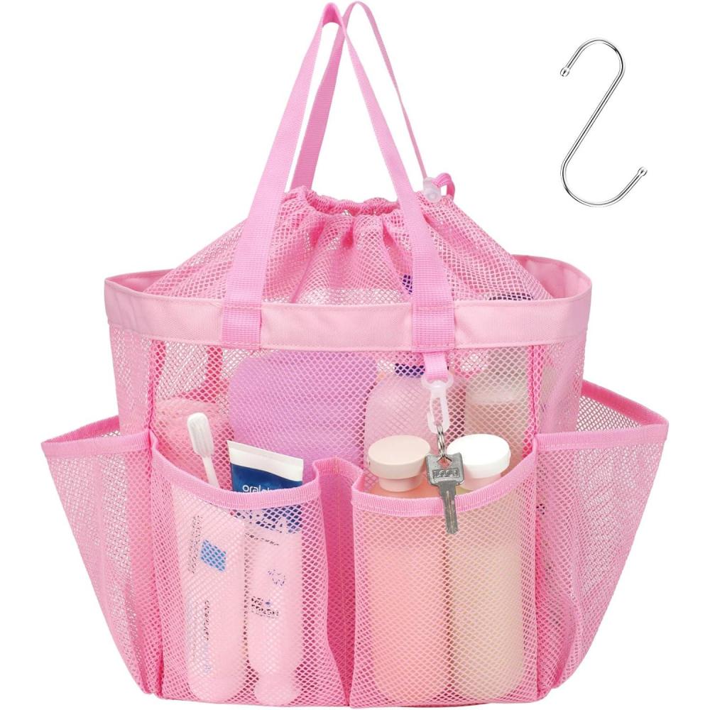 imageFcolor Mesh Shower Caddy Portable with Drawstring  Upgrade Deeper 7 Pockets Dorm Room Essentials for Guys Girls with S Hook Shower Bag Basket Tote for College Camping Bathroom Yellow BeachPink with Drawstring