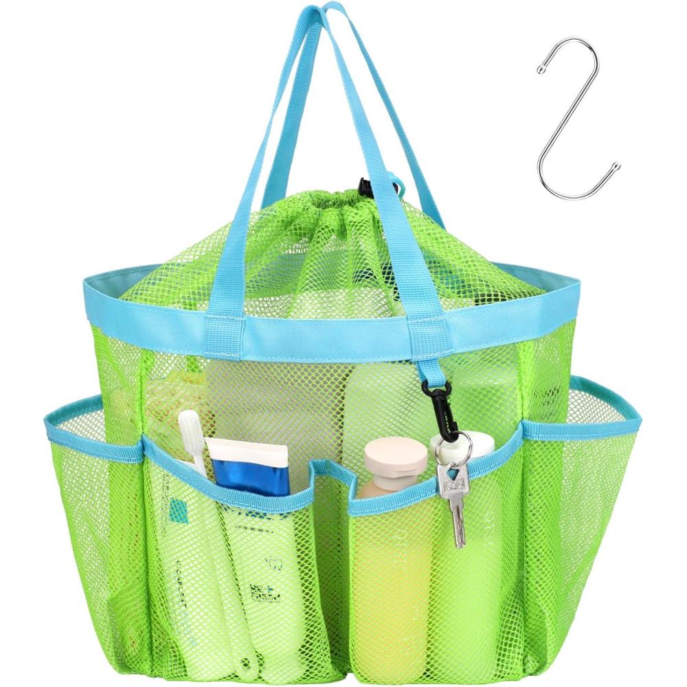 imageFcolor Mesh Shower Caddy Portable with Drawstring  Upgrade Deeper 7 Pockets Dorm Room Essentials for Guys Girls with S Hook Shower Bag Basket Tote for College Camping Bathroom Yellow BeachGreen with Drawstring