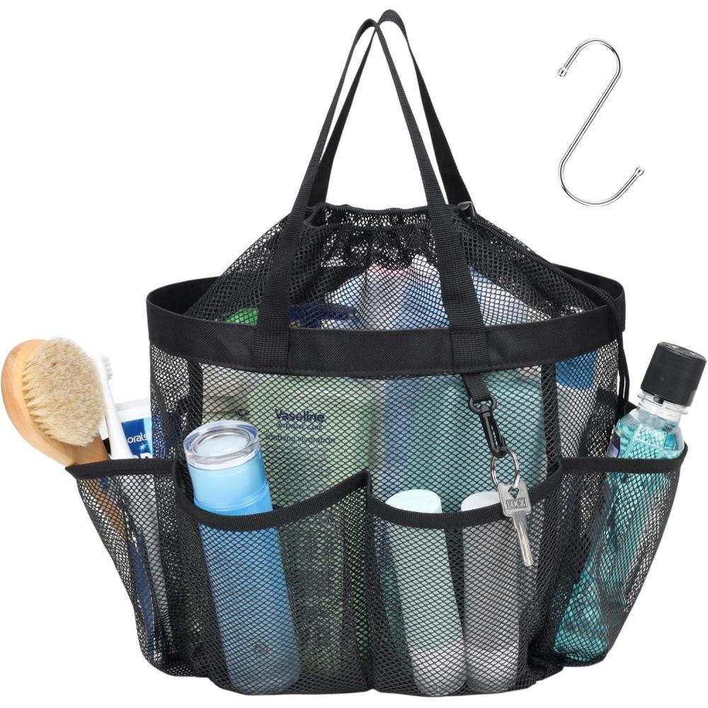 imageFcolor Mesh Shower Caddy Portable with Drawstring  Upgrade Deeper 7 Pockets Dorm Room Essentials for Guys Girls with S Hook Shower Bag Basket Tote for College Camping Bathroom Yellow BeachBlack with Drawstring