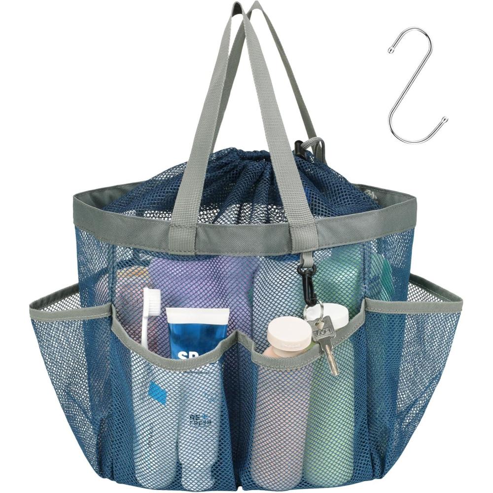 imageFcolor Mesh Shower Caddy Portable with Drawstring  Upgrade Deeper 7 Pockets Dorm Room Essentials for Guys Girls with S Hook Shower Bag Basket Tote for College Camping Bathroom Yellow BeachBlue with Drawstring
