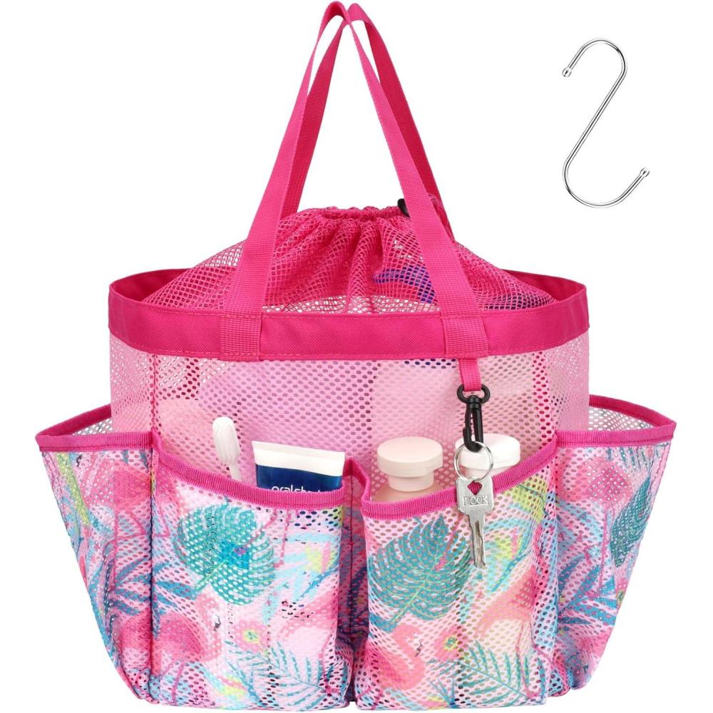 imageFcolor Mesh Shower Caddy Portable with Drawstring  Upgrade Deeper 7 Pockets Dorm Room Essentials for Guys Girls with S Hook Shower Bag Basket Tote for College Camping Bathroom Yellow BeachPink Flamingo with Drawstring