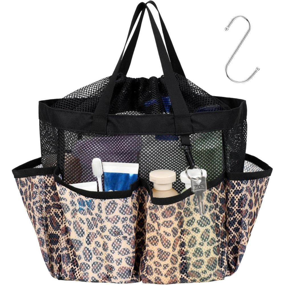 imageFcolor Mesh Shower Caddy Portable with Drawstring  Upgrade Deeper 7 Pockets Dorm Room Essentials for Guys Girls with S Hook Shower Bag Basket Tote for College Camping Bathroom Yellow BeachLeopard with Drawstring