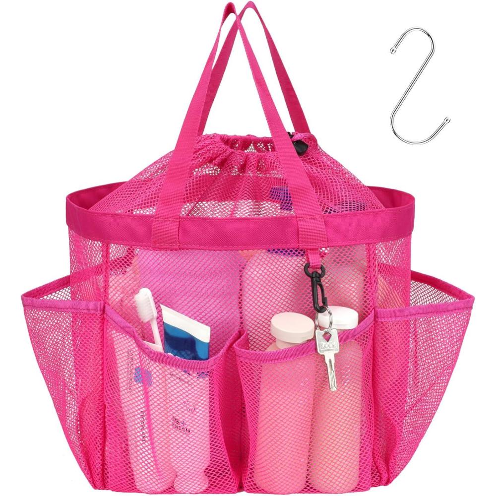 imageFcolor Mesh Shower Caddy Portable with Drawstring  Upgrade Deeper 7 Pockets Dorm Room Essentials for Guys Girls with S Hook Shower Bag Basket Tote for College Camping Bathroom Yellow BeachRose red with Drawstring