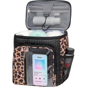 imageFcolor Hanging Shower Caddy Portable  College Dorm Essentials for Girls Guys with Hooks Soft Crossbody Shoulder Strap Multiple Pockets QuickDry Shower Bag for Dorm Travel Essentials Dark GreyLeopard
