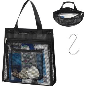 imageFcolor Mesh Shower Caddy Portable Hanging  3 Pockets Small Shower Bag Tote for Camping Gym Travel Toiletry Quick Dry Bathroom Essentials with S Hook PinkBlack